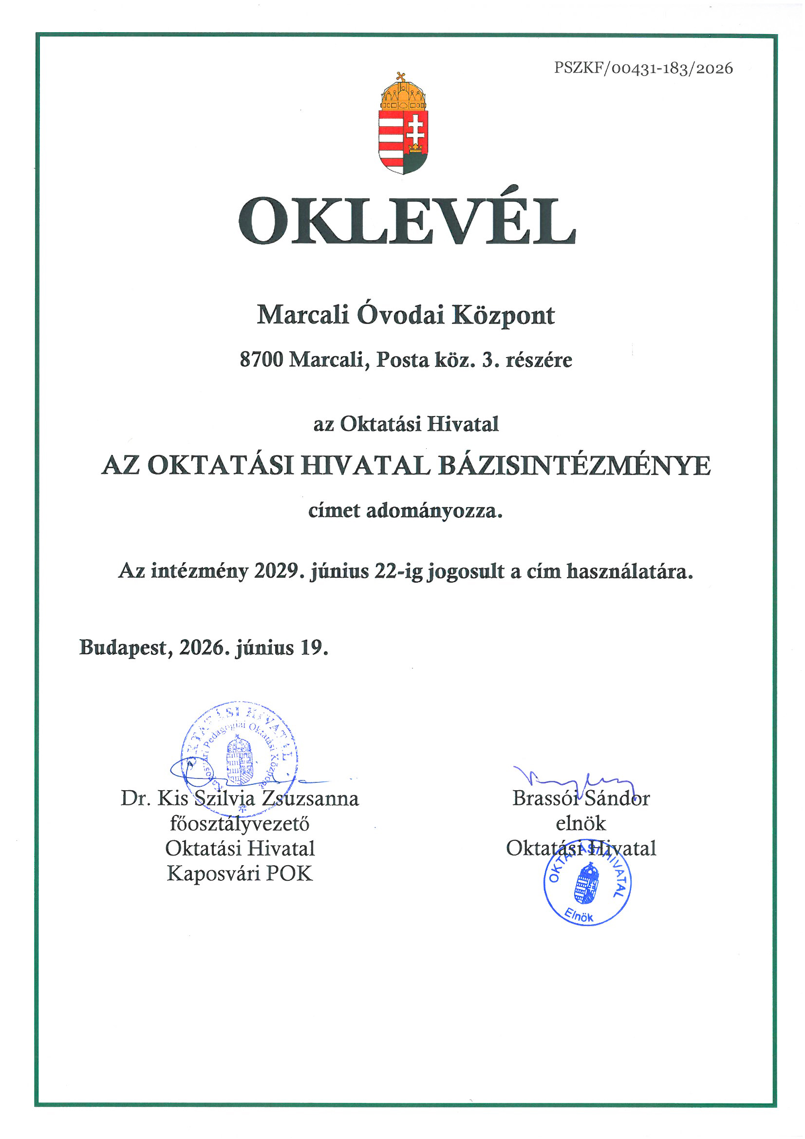 Bázisintézmény-Oklevél